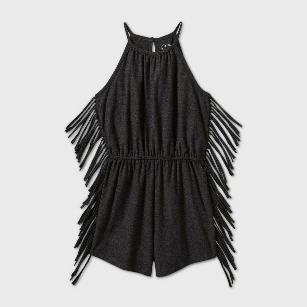 Art Class Knit Fringe Romper Black